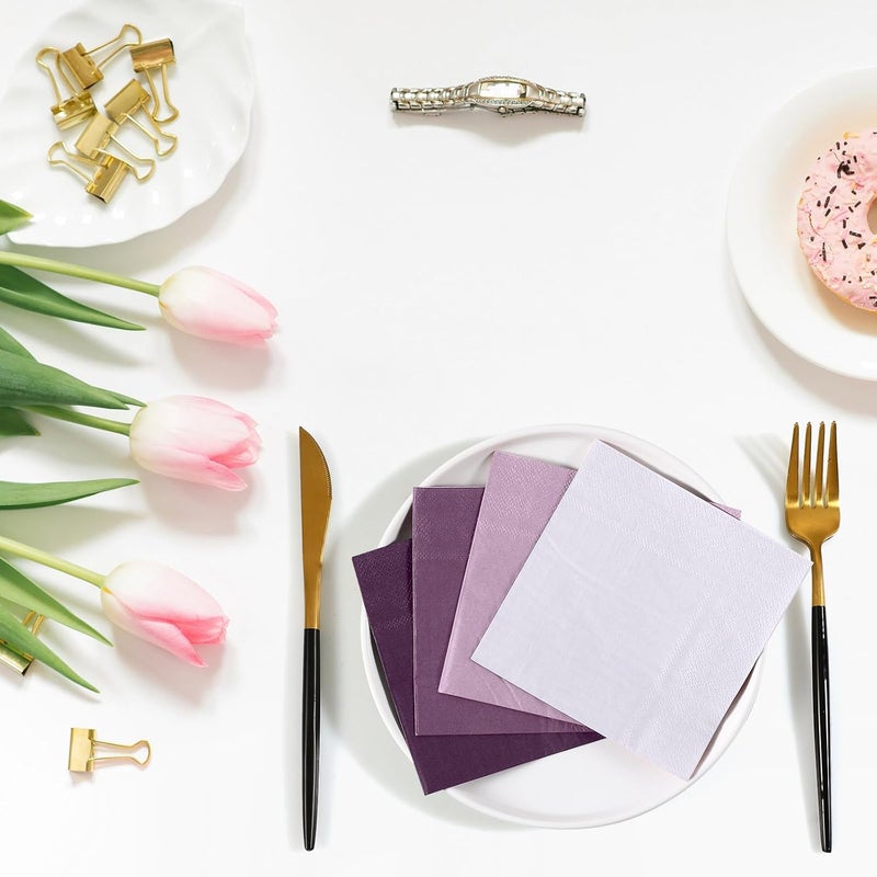 Layhit 100 Pcs Cocktail Napkins Disposable Beverage Napkins Square Paper Dessert Tissue for Valentine's Day Wedding Birthday Party Supplies(Purple Series,5 x 5 Inch) - Image 5